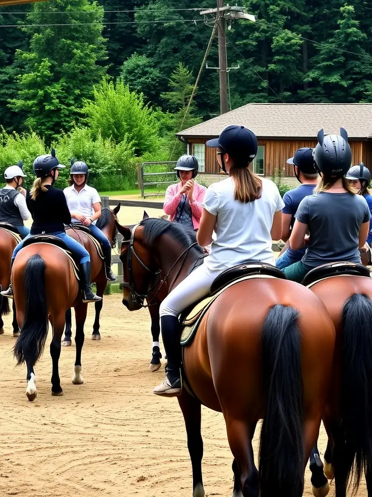 A group of riders and horses participating in a community event organized by CHEVAL DE COEUR, promoting engagement and inclusivity in equestrian sports.