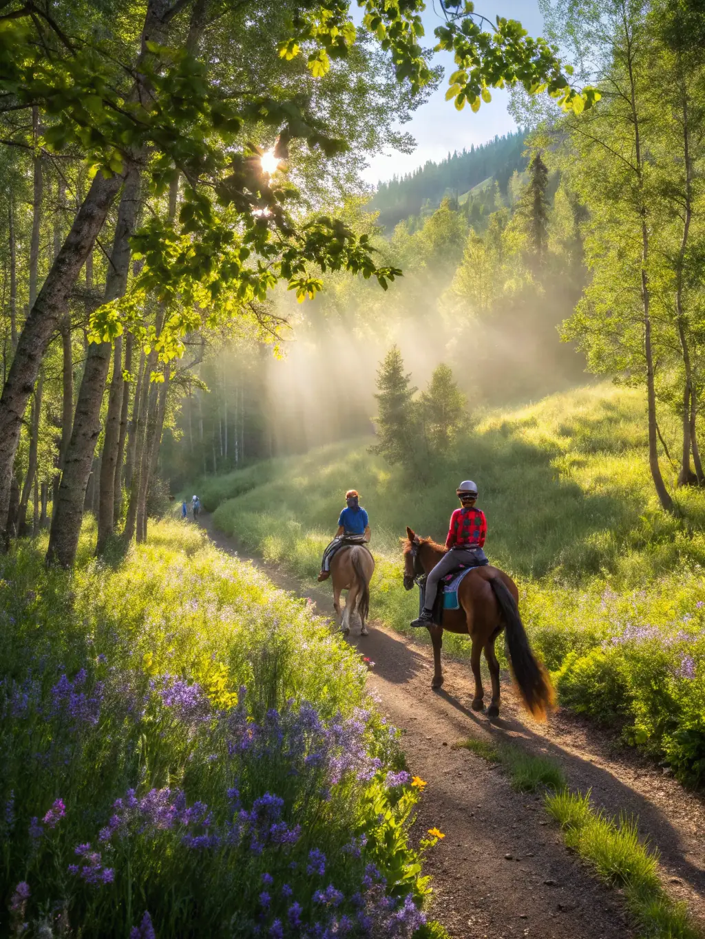 A group of riders participating in a cross-country jumping clinic, navigating challenging obstacles in a scenic outdoor setting.
