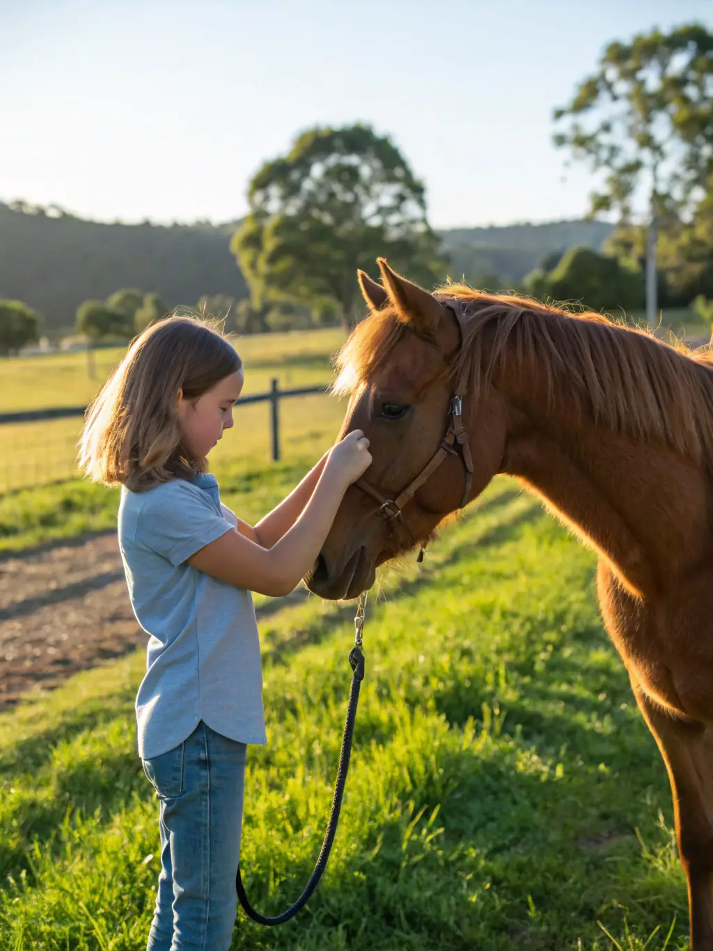 A young rider receiving instruction on proper horsemanship techniques, including grooming and tacking, in a stable setting.