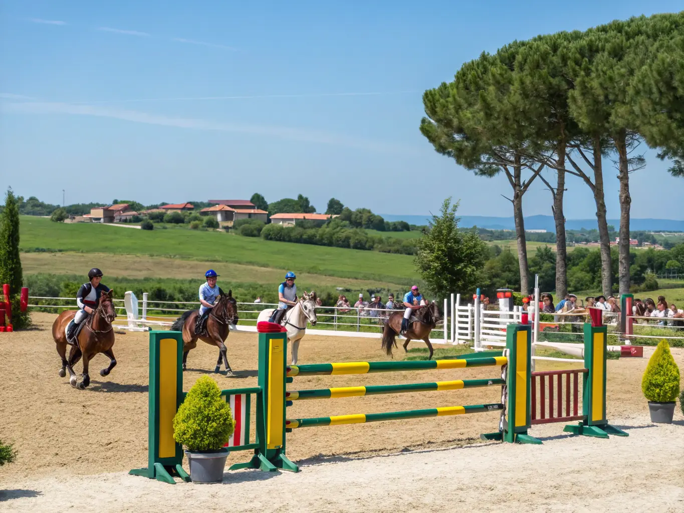 A vibrant scene from an equestrian event, showcasing riders competing in show jumping with enthusiastic spectators in the background. The image should capture the excitement and competitive spirit of the event.