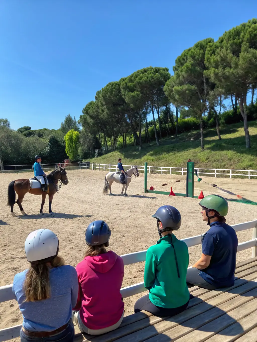 A diverse group of riders participating in a CHEVAL DE COEUR-organized equestrian event, demonstrating the organization's role in community engagement.