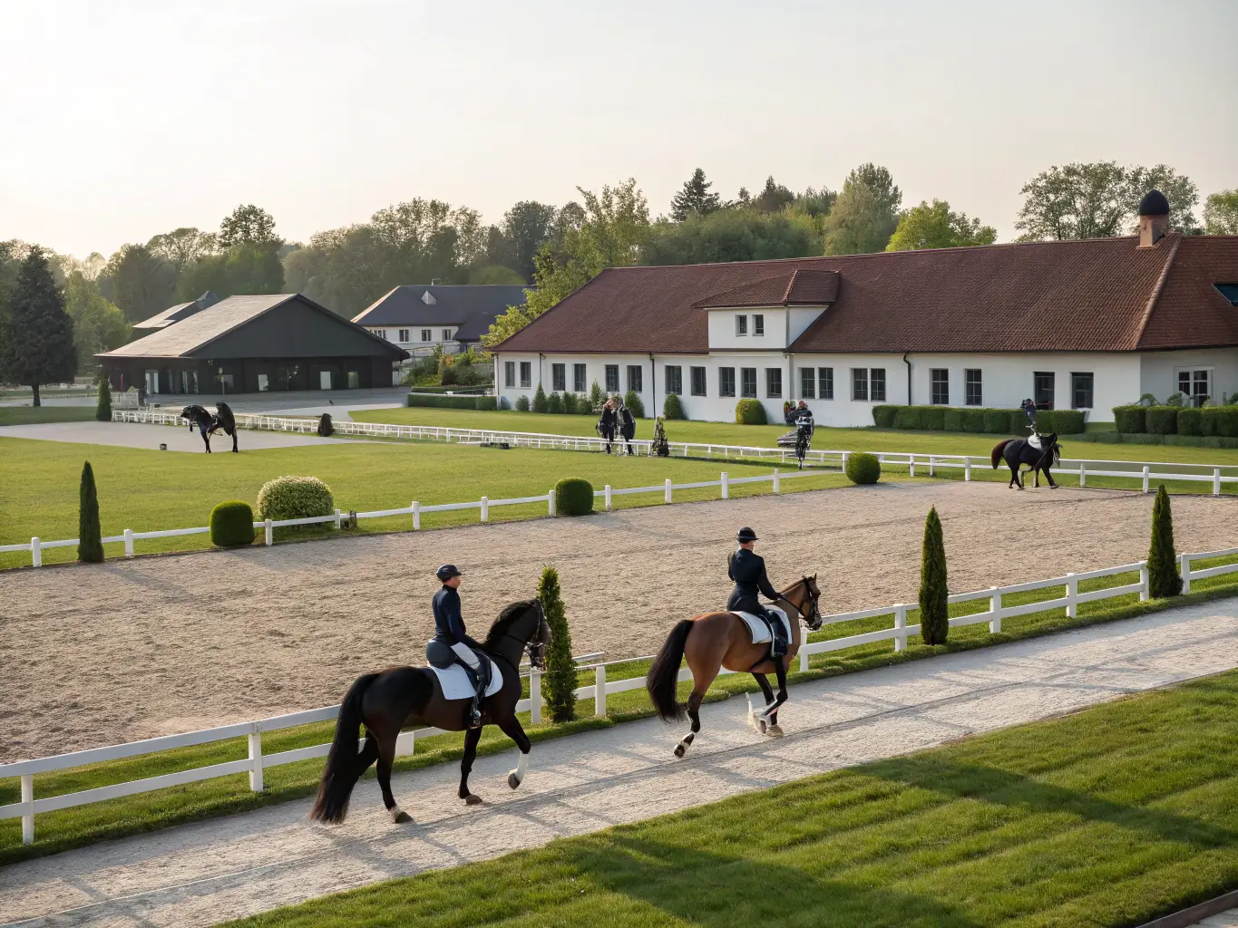 A group of riders participating in a dressage training session in an outdoor arena, focusing on precision and harmony with their horses. The image should convey a sense of discipline and elegance.