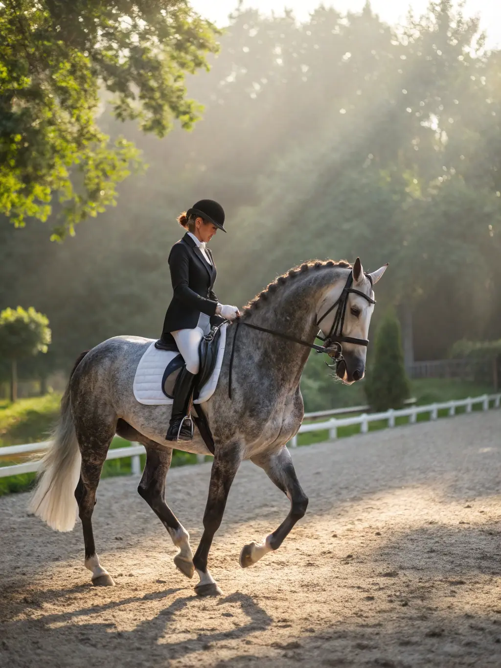 A rider and horse gracefully performing dressage in an indoor arena, showcasing precision and harmony.