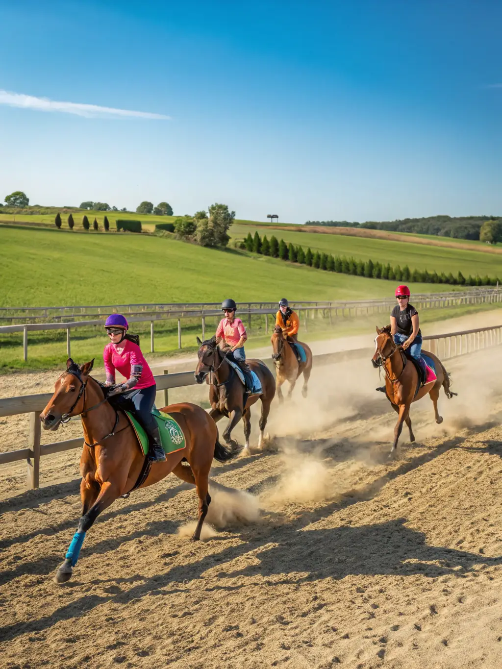 Participants in an equestrian vaulting workshop, demonstrating acrobatic skills on horseback under the guidance of experienced instructors.