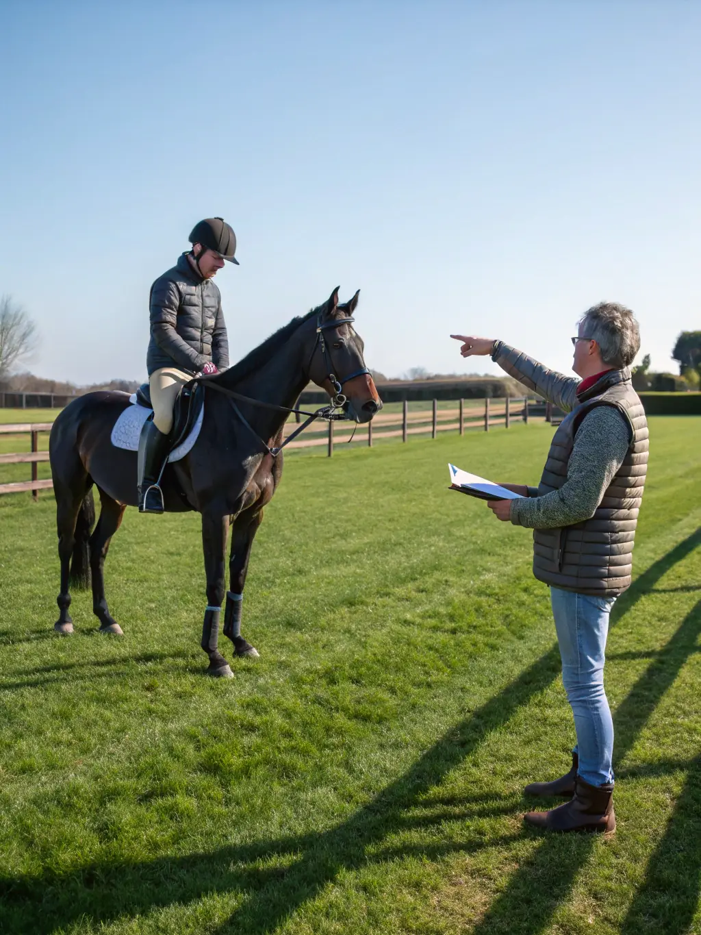 A CHEVAL DE COEUR instructor providing personalized coaching to a rider, emphasizing safety protocols and individual skill enhancement.